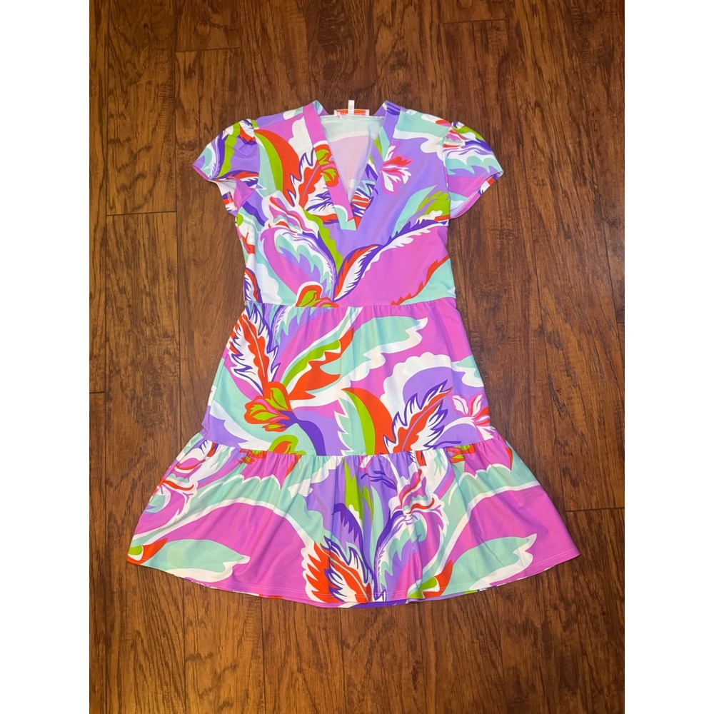Jude Connally Women Multi Color Tropical Floral V-Neck Tiered Mini Dress Small